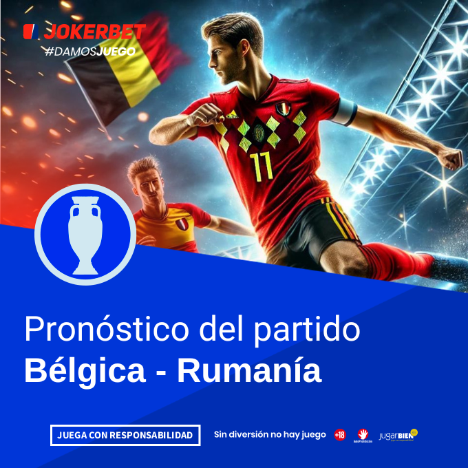 La imagen muestra a jugadores de los equipos de Bélgica y Rumanía en acción en un estadio iluminado y lleno de espectadores. En la parte inferior, dentro de un recuadro azul, se lee el texto "Pronóstico del partido Bélgica - Rumanía" junto a un ícono de una copa de fútbol