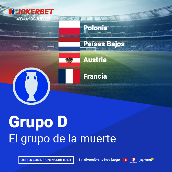  La imagen es un gráfico promocional de Jokerbet relacionado con el fútbol, específicamente para el Grupo D de la Eurocopa 2024. En la parte superior de la imagen, aparece el logotipo de Jokerbet con el hashtag #DAMOSJUEGO.
El gráfico incluye los nombres y banderas de los equipos que componen el grupo: Polonia, Países Bajos, Austria y Francia. El título del gráfico dice 