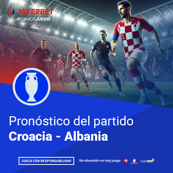 La imagen muestra a jugadores de los equipos de Croacia y Albania en acción en un estadio iluminado y lleno de espectadores. En la parte inferior, dentro de un recuadro azul, se lee el texto 