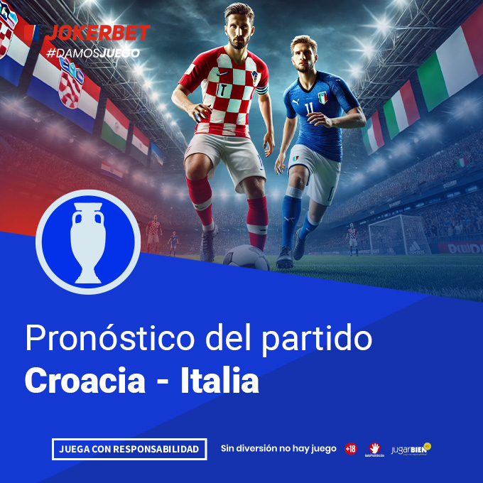 La imagen muestra a jugadores de los equipos de Croacia e Italia en acción en un estadio iluminado y lleno de espectadores. En la parte inferior, dentro de un recuadro azul, se lee el texto 