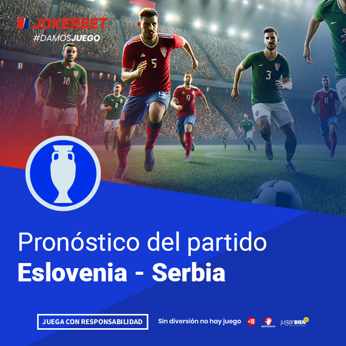 La imagen muestra a jugadores de los equipos de Eslovenia y Serbia en acción en un estadio iluminado y lleno de espectadores. En la parte inferior, dentro de un recuadro azul, se lee el texto 