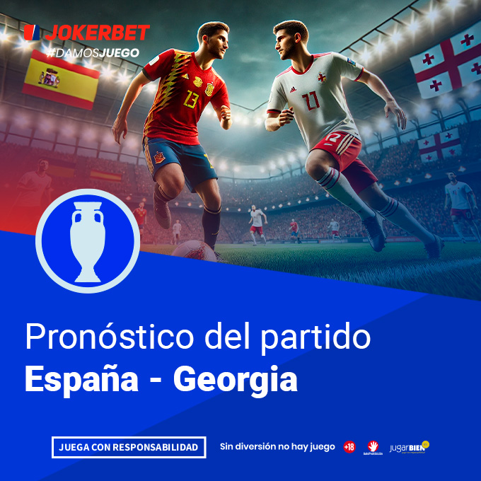 La imagen muestra a jugadores de los equipos de España y Georgia disputando el balón en un estadio lleno de espectadores. En la parte inferior, dentro de un recuadro azul, se lee el texto 