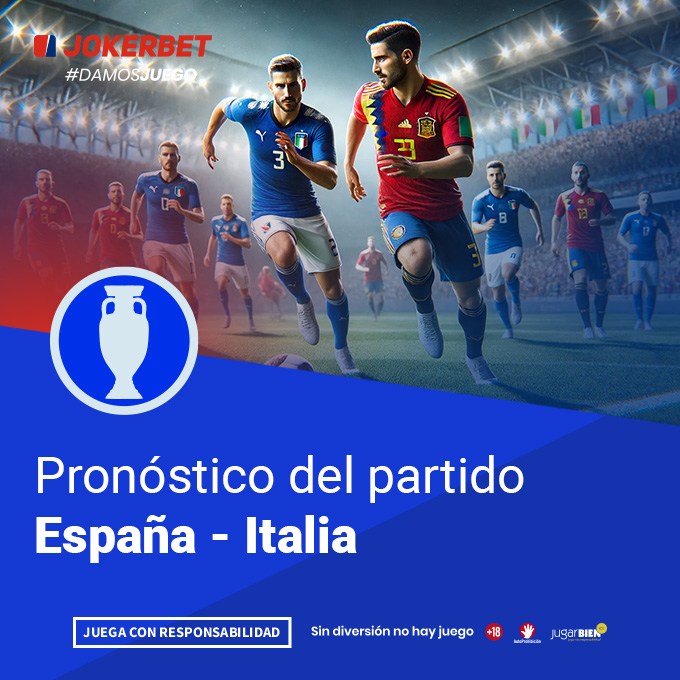 La imagen muestra a jugadores de los equipos de España e Italia en acción en un estadio iluminado y lleno de espectadores. En la parte inferior, dentro de un recuadro azul, se lee el texto 