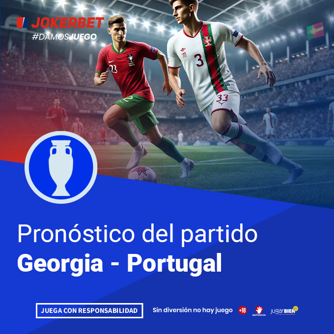 La imagen muestra a jugadores de los equipos de Georgia y Portugal en acción en un estadio iluminado. En la parte inferior, dentro de un recuadro azul, se lee el texto 