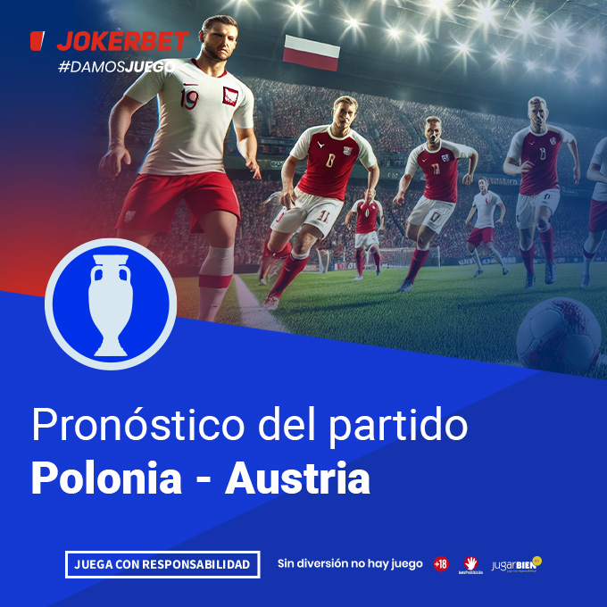 La imagen muestra a jugadores de los equipos de Polonia y Austria en acción en un estadio iluminado y lleno de espectadores. En la parte inferior, dentro de un recuadro azul, se lee el texto 