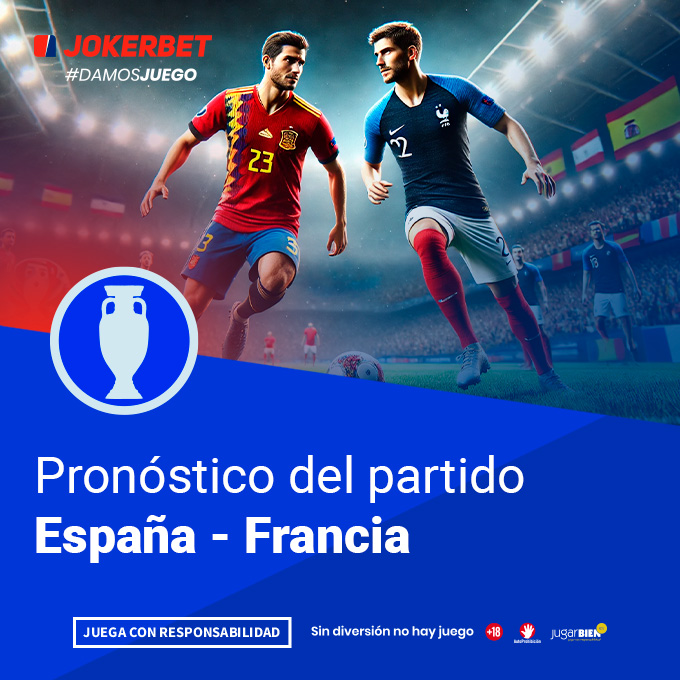 La imagen muestra a dos jugadores de los equipos de España y Francia en acción en un estadio iluminado y lleno de espectadores. El jugador de España, con el número 23, está a la izquierda, mientras que el jugador de Francia, con el número 2, está a la derecha. Al fondo se ven las banderas de ambos países ondeando en el estadio. En la parte inferior, dentro de un recuadro azul, se lee el texto 