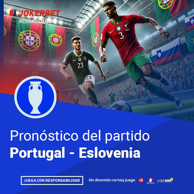 La imagen muestra a jugadores de los equipos de Portugal y Eslovenia en un estadio iluminado y lleno de espectadores. Los jugadores están en plena acción, con el balón en el campo. En la parte inferior, dentro de un recuadro azul, se lee el texto 